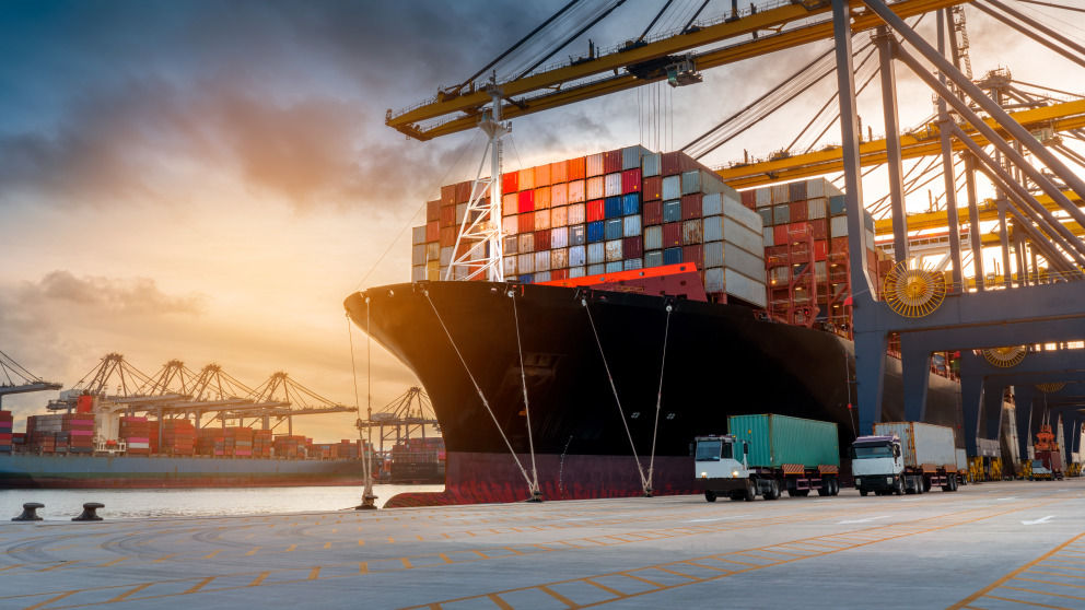 Ein Containerschiff und ein Kran in den Docks