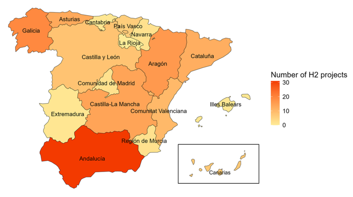 Regionale Verteilung der Projekte zur Herstellung von emissionsarmem Wasserstoff in Spanien.